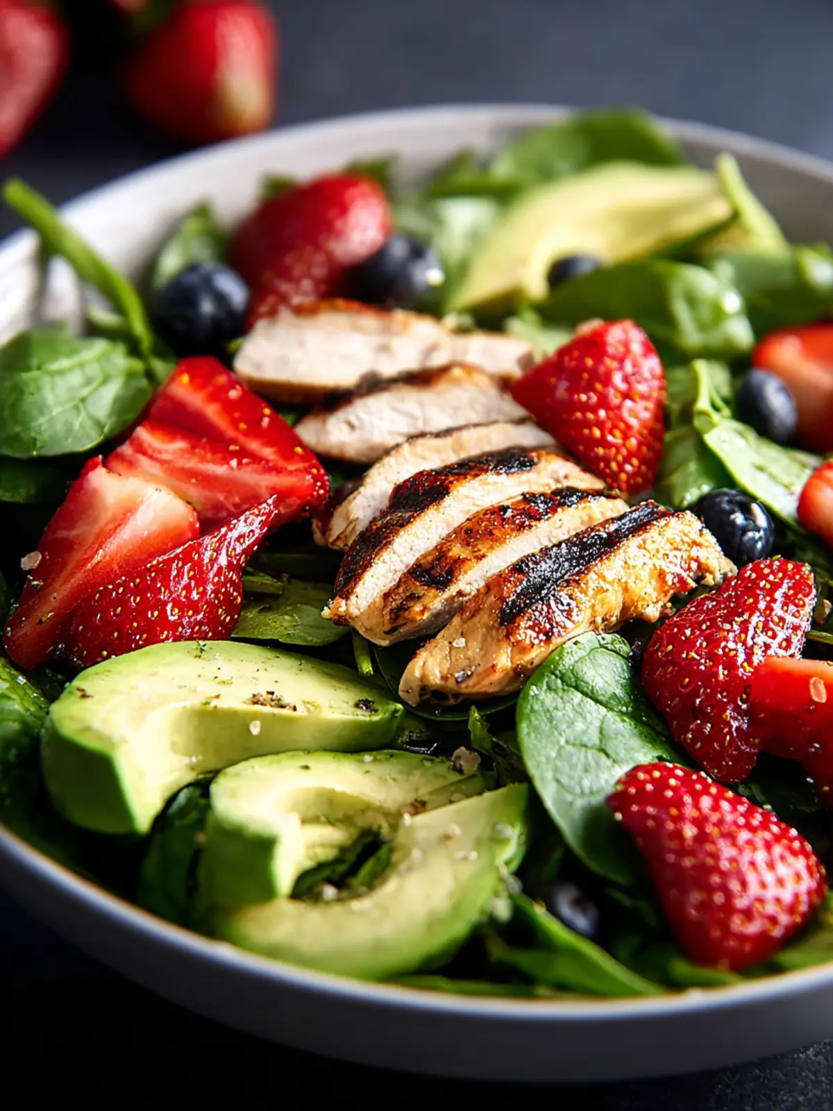 Delightful Avocado Strawberry Spinach Salad with Grilled Chicken First Image