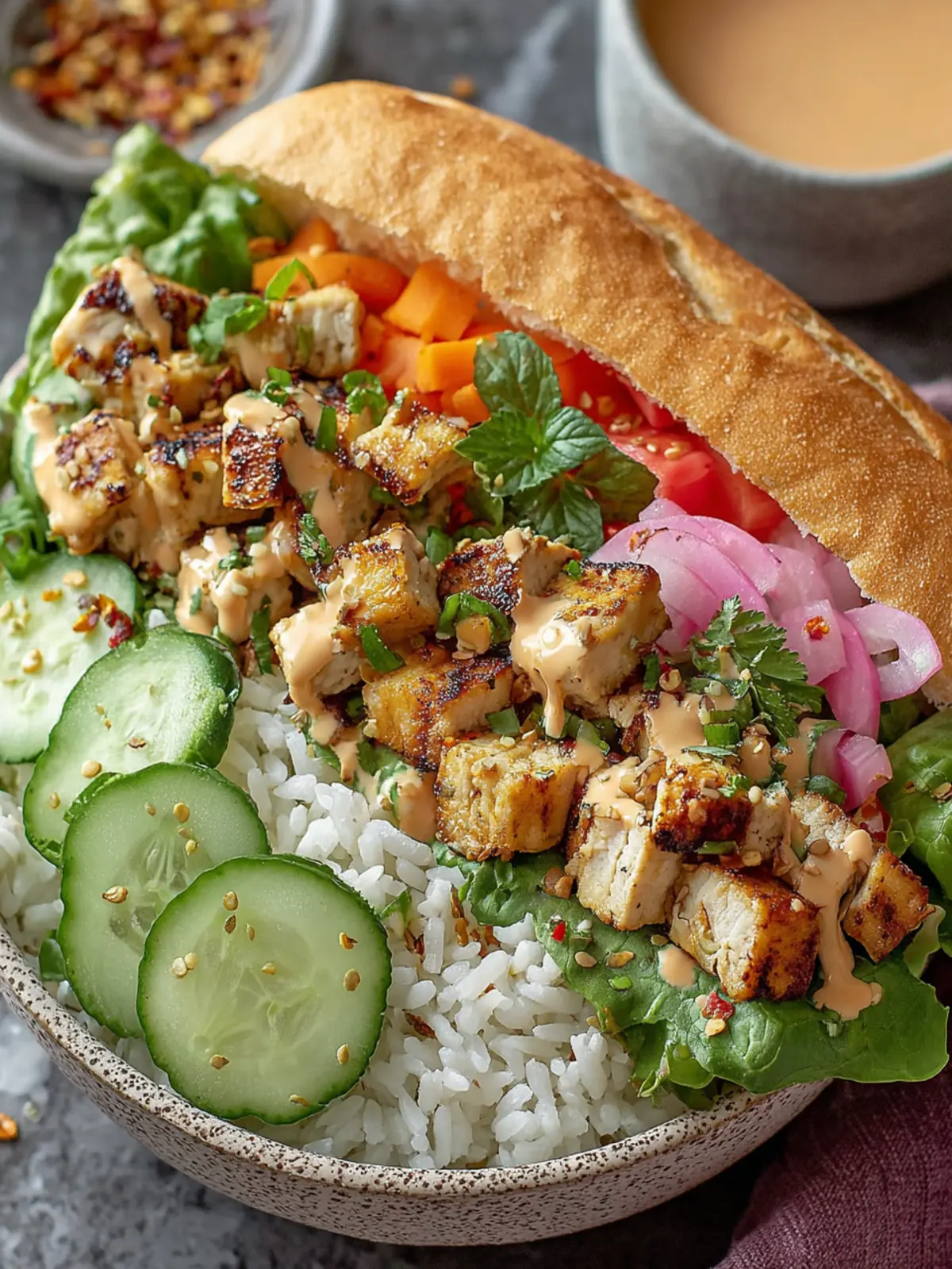 Savory Chicken Banh Mi Bowls with Pickled Veggies Bliss First Image